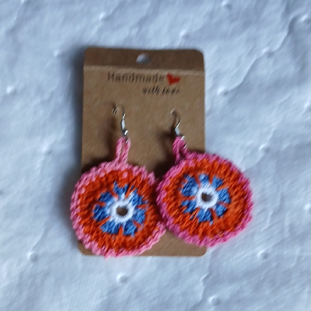 Handmade Crochet Round Earrings in Pink & Orange